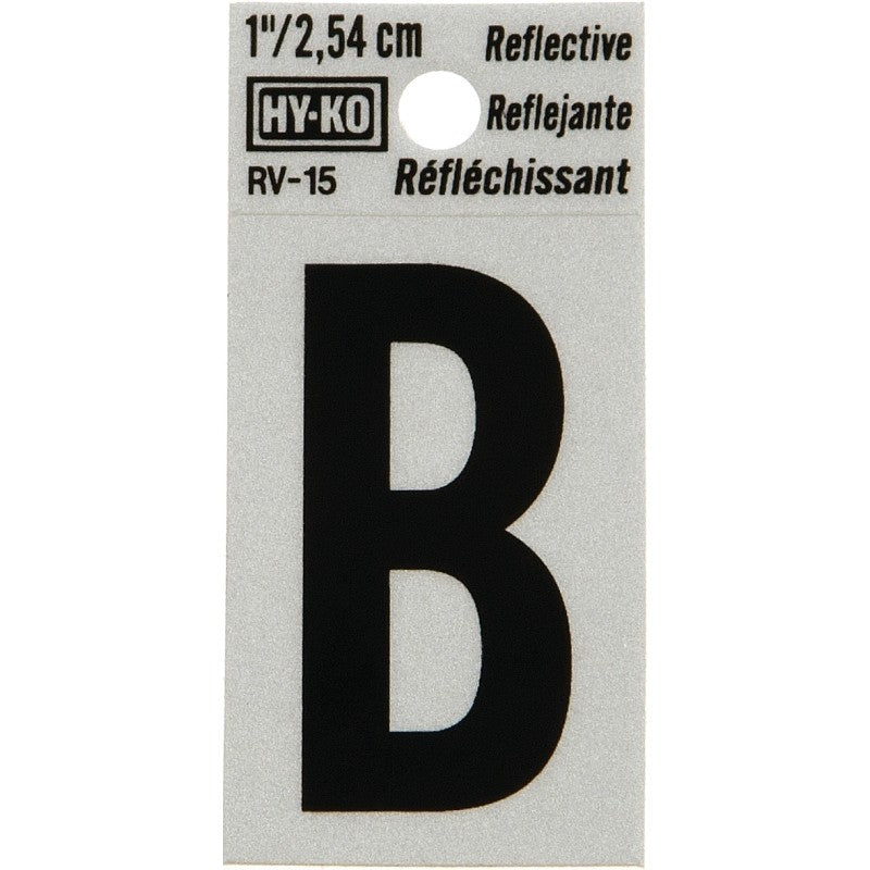 Hy-Ko RV-15/B Reflective Letter, Character: B, 1 in H Character, Black Character, Silver Background, Vinyl (Pack of 10)
