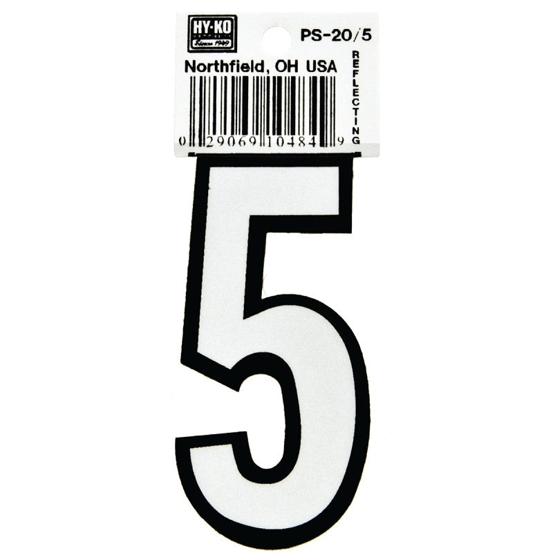 Hy-Ko PS-20/5 Reflective Sign, Character: 5, 3-1/4 in H Character, Black/White Character, Vinyl (Pack of 10)