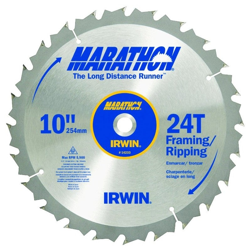 Irwin Marathon 14233 Table Saw Blade, 10 in Dia, Carbide Cutting Edge, 5/8 in Arbor, 24-Teeth