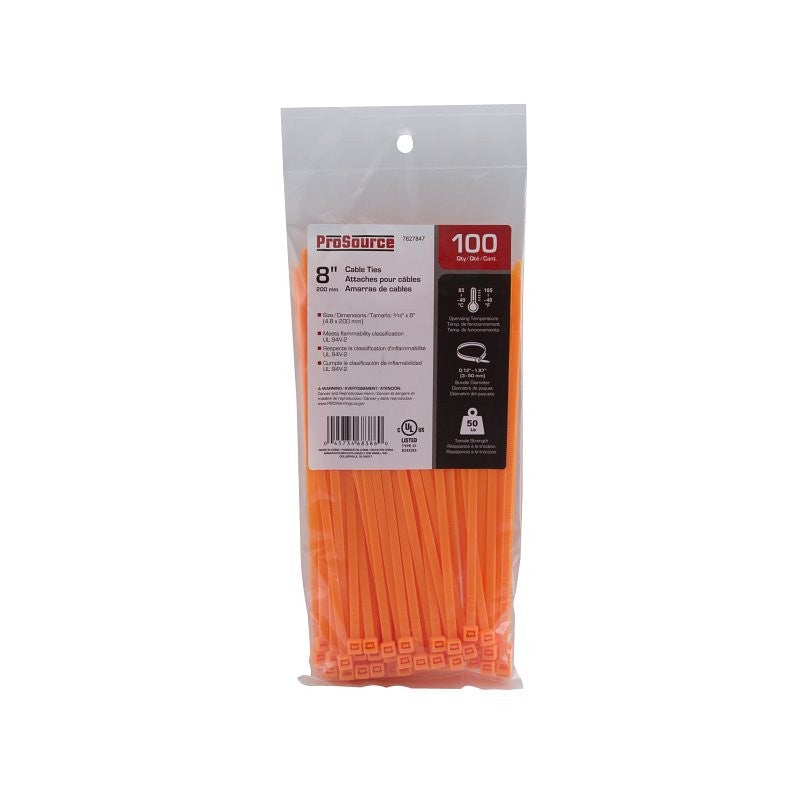 ProSource CT0944 Cable Tie, 50 mm Max Bundle Dia, Self-Locking Locking, Nylon, Orange