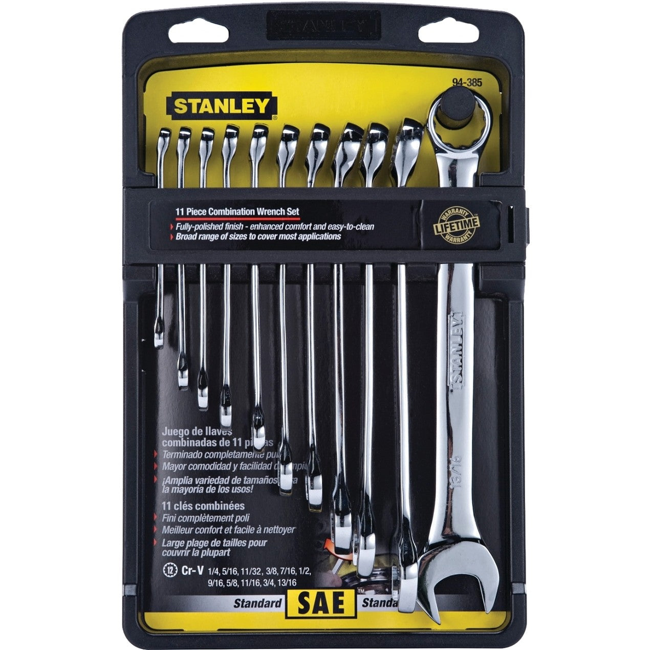 STANLEY 94-385W Wrench Set, 11-Piece, Steel, Polished Chrome, Specifications: SAE Measurement