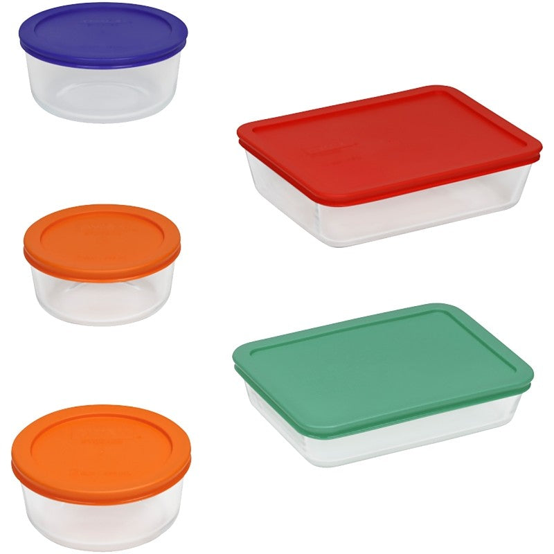 Pyrex 1091198 Series Food Storage Container Set, Rectangular, Round, Blue/Green/Orange/Red, Glass, Clear (Pack of 2)
