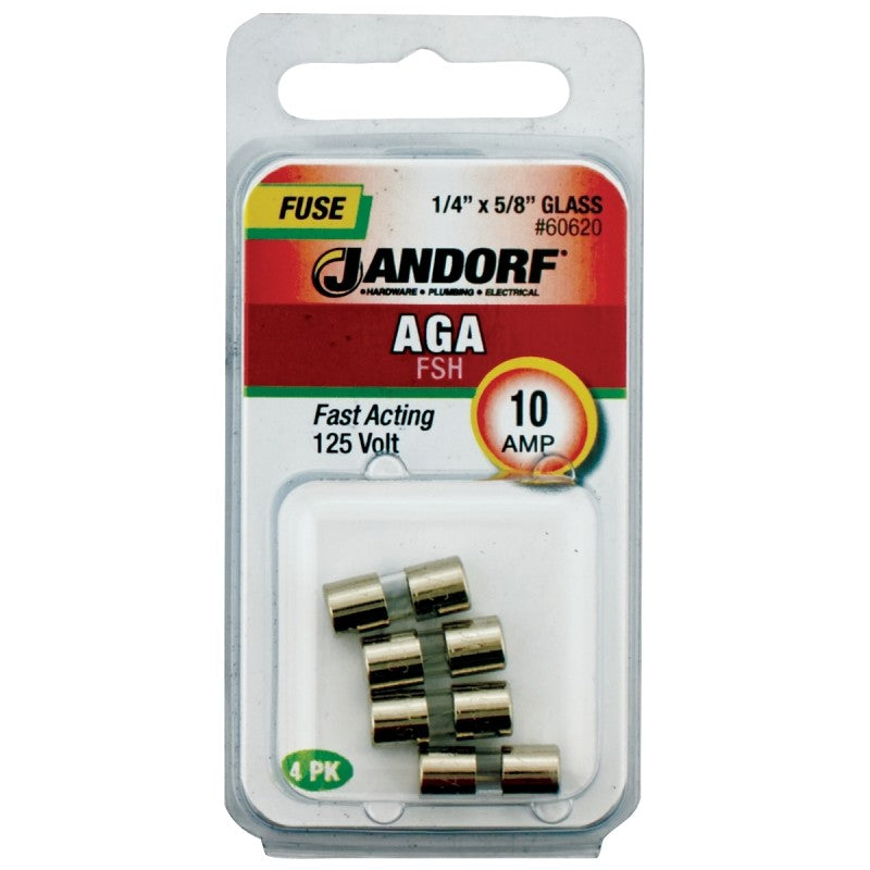 Jandorf 60620 Fast Acting Fuse, 10 A, 125 V, 1 kA Interrupt, Glass Body