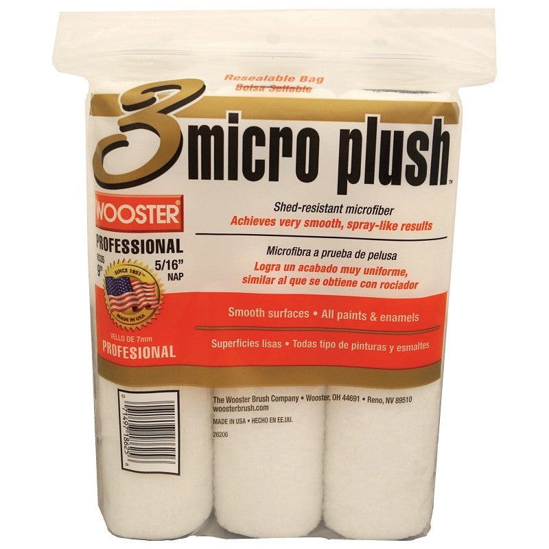Wooster R335-9 Roller Cover, White, 5/16 in Thick Nap, 9 in L, Microfiber Cover, 3/PK