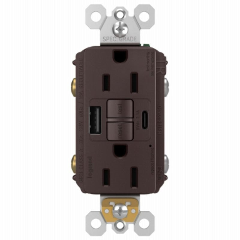 Legrand radiant® 1597TRUSBACDBC4 Self-Test GFCI USB Outlet, 2-Pole, 15/2.1 A, 125 VAC, 1-Gang, 2-USB Port