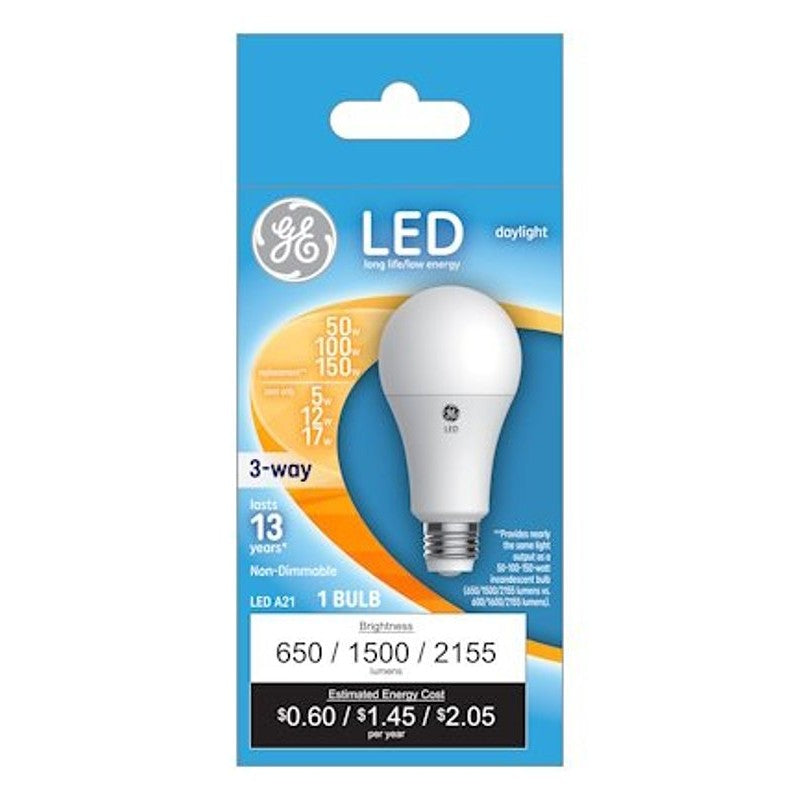 GE 93129882 LED Light Bulb, 3-Way, A19 Lamp, 50, 100, 150 W Equivalent, E26 Medium Lamp Base, White, Daylight Light