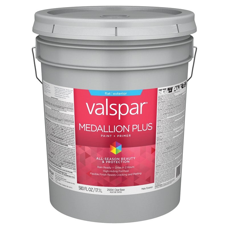 Valspar Medallion Plus 2500 028.0025004.008 Latex Paint, Acrylic Base, Flat Sheen, Clear Base, 5 gal, Plastic Pail
