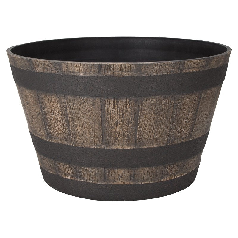 Landscapers Select PT-S022 Planter Barrel, 21 in Dia, 12 in H, Round, Whiskey Barrel Design, High-Density Resin, Satin