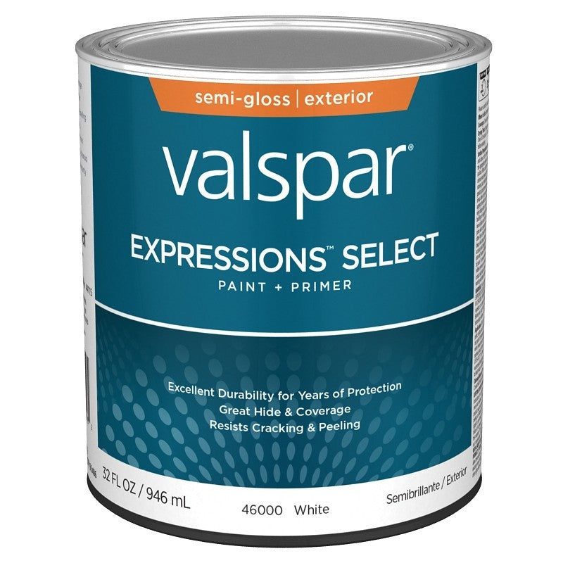 Valspar Expressions Select 4600 028.0046000.005 Latex Paint, Acrylic Base, Semi-Gloss, White Base, 1 qt