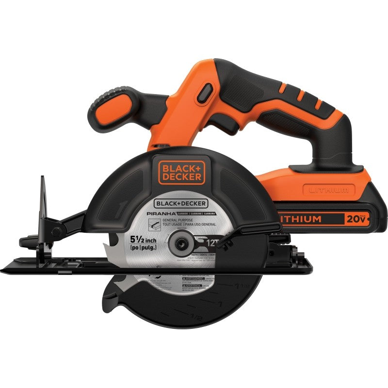 Black+Decker BDCCS20C Circular Saw Kit, Battery Included, 20 V, 1.5 Ah, 5-1/2 in Dia Blade, 45 deg Bevel