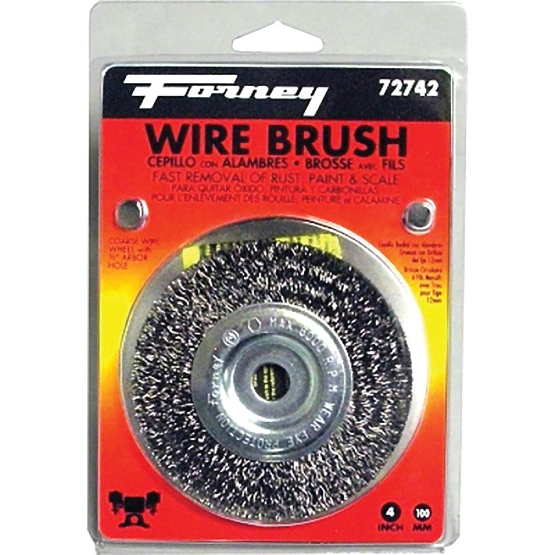 Forney 72742 Wire Wheel Brush, 4 in Dia, 1/2 in Arbor/Shank, 0.012 in Dia Bristle