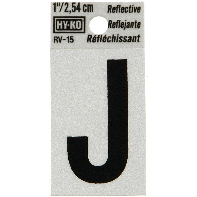 Hy-Ko RV-15/J Reflective Letter, Character: J, 1 in H Character, Black Character, Silver Background, Vinyl (Pack of 10)