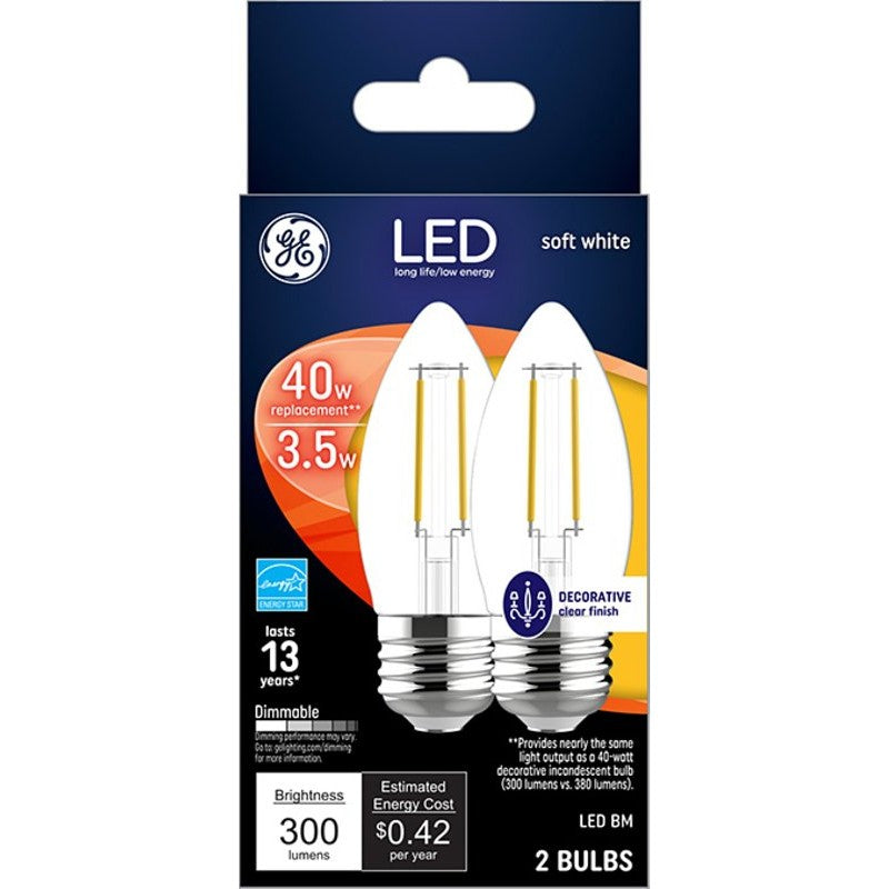GE 23179 LED Bulb, Decorative, 300 Lumens, 3.5 W, BM Lamp, 40 W Equivalent, E26 Lamp Base, Dimmable, Soft White