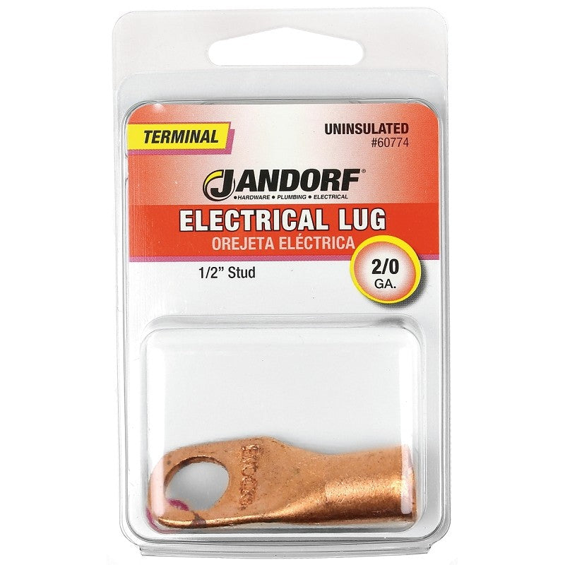 Jandorf 60774 Electrical Lug, 2/0 AWG Wire, 1/2 in Stud, Copper Contact, Brown