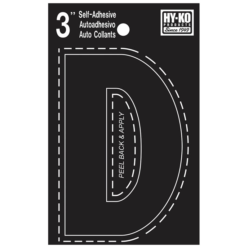 Hy-Ko 30400 Series 30414 Die-Cut Letter, Character: D, 3 in H Character, Black Character, Vinyl (Pack of 10)