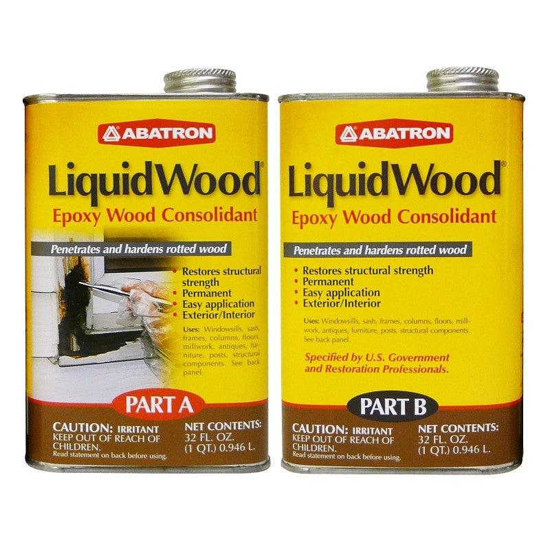 Abatron LW2QKR Wood Filler, Liquid, Faint, Slightly Aromatic Part A, Irritating Ammonia Part B, Clear, 2 qt, Can