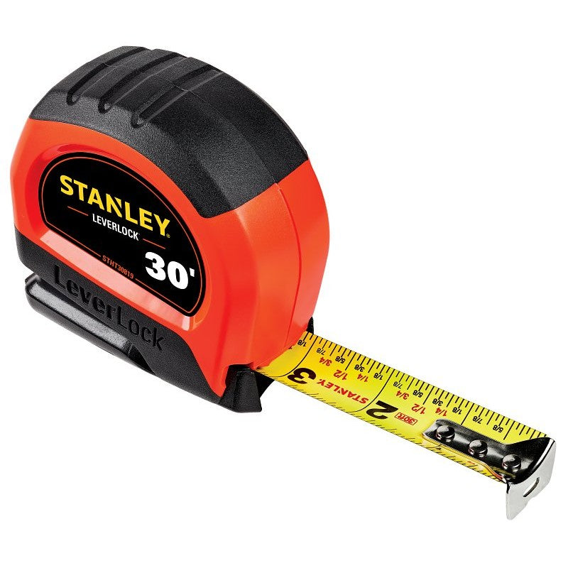 STANLEY LeverLock Series STHT30819S Tape Measure, 30 ft L Blade, 1 in W Blade, Steel Blade, ABS/Rubber Case, Orange Case