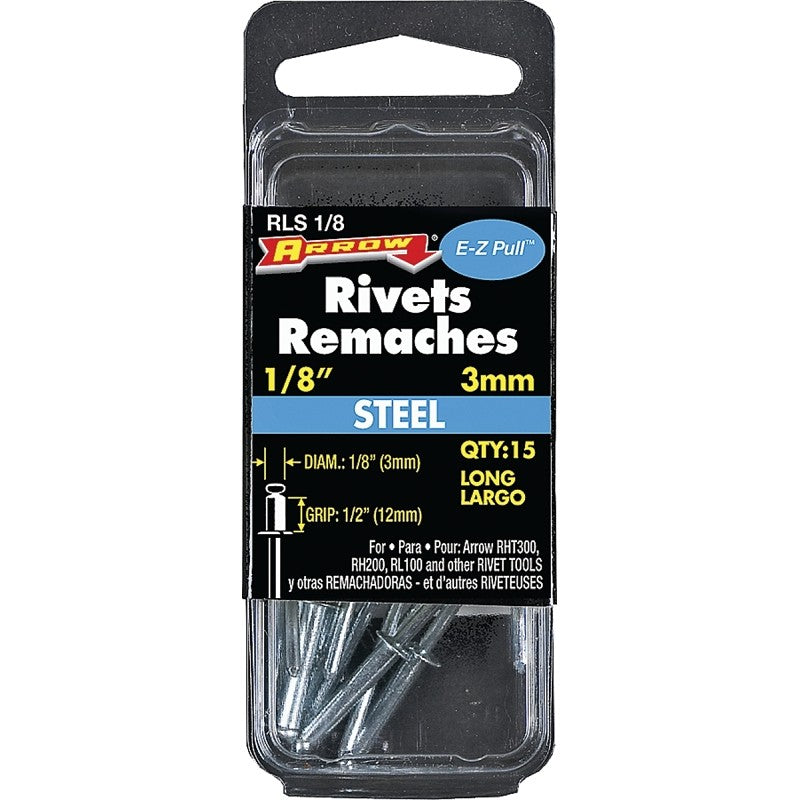 Arrow RLS1/8 Pop Rivet, Long, 1/2 in Grip, 1/2 in L, Steel, 15/PK