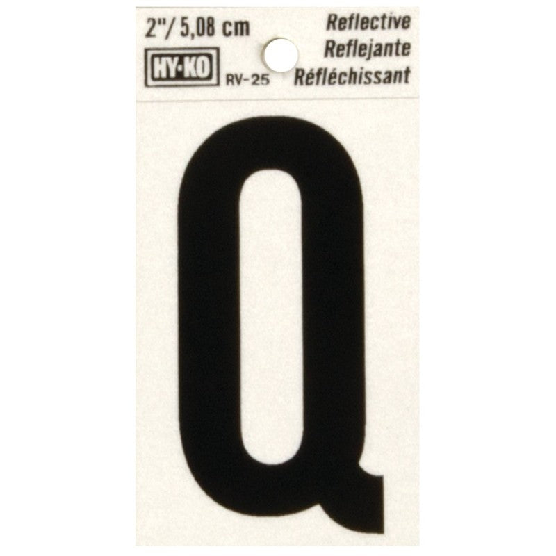 Hy-Ko RV-25/Q Reflective Letter, 1-1/2 in W x 3 in H Dimensions, Character: Q, 2 in H Character, Black Character, Vinyl (Pack of 10)