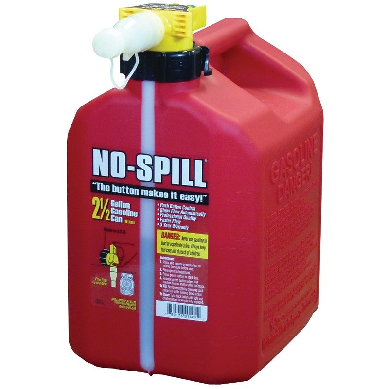 No-Spill 1405 Gas Can, 2.5 gal Capacity, Plastic, Red