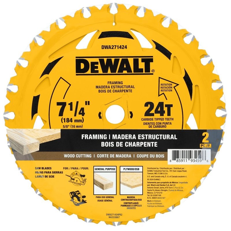 DEWALT DWA1714242 Circular Saw Blade, 7-1/4 in Dia, 5/8 in Arbor, 24-Teeth, Applicable Materials: Wood