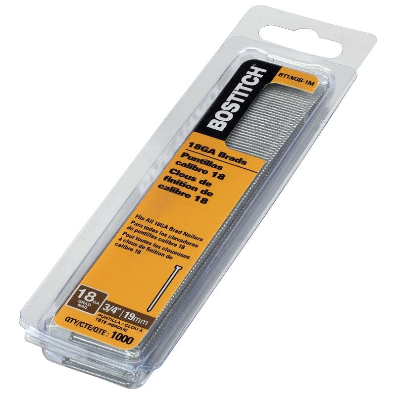 Bostitch BT1303B-1M Nail, 3/4 in L, 18 Gauge, Steel, Galvanized, Brad Head, Smooth Shank, 1000/PK (Pack of 10)