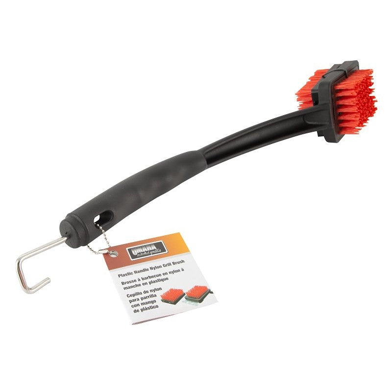 Omaha BBQ1005 Grill Brush with Scraper, 3 in L Brush, 2 in W Brush, Nylon Bristle, Red Bristle, 2-3/4 in L Trim, 19 in L