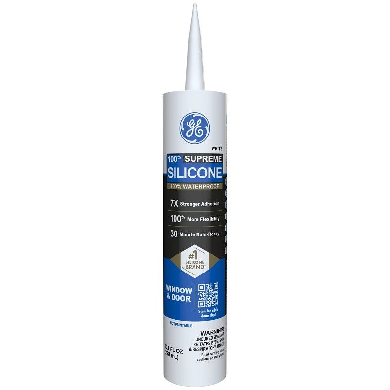 GE Supreme Silicone 2814819 Window & Door Sealant, White, 24 hr Curing, 10.1 fl-oz Cartridge (Pack of 12)