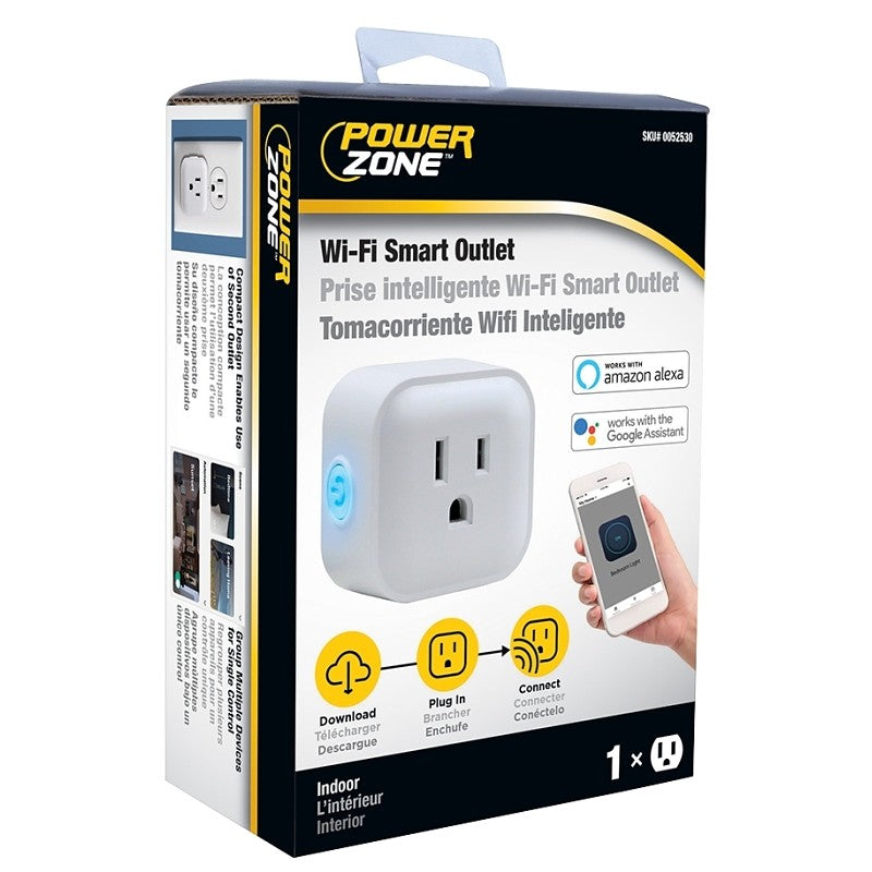 PowerZone ORRCWFII11 Wi-Fi Controlled Outlet, 1-Pole, 15 A, 125 V, Grounded Socket, Wi-Fi, White