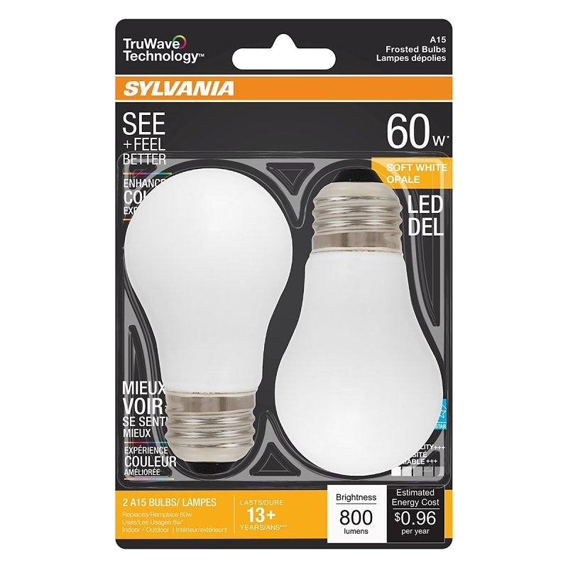 Sylvania 40763 Natural LED Bulb, General Purpose, 800 Lumens, 8 W, A15 Lamp, 60 W Equivalent, E26 Lamp Base, Dimmable