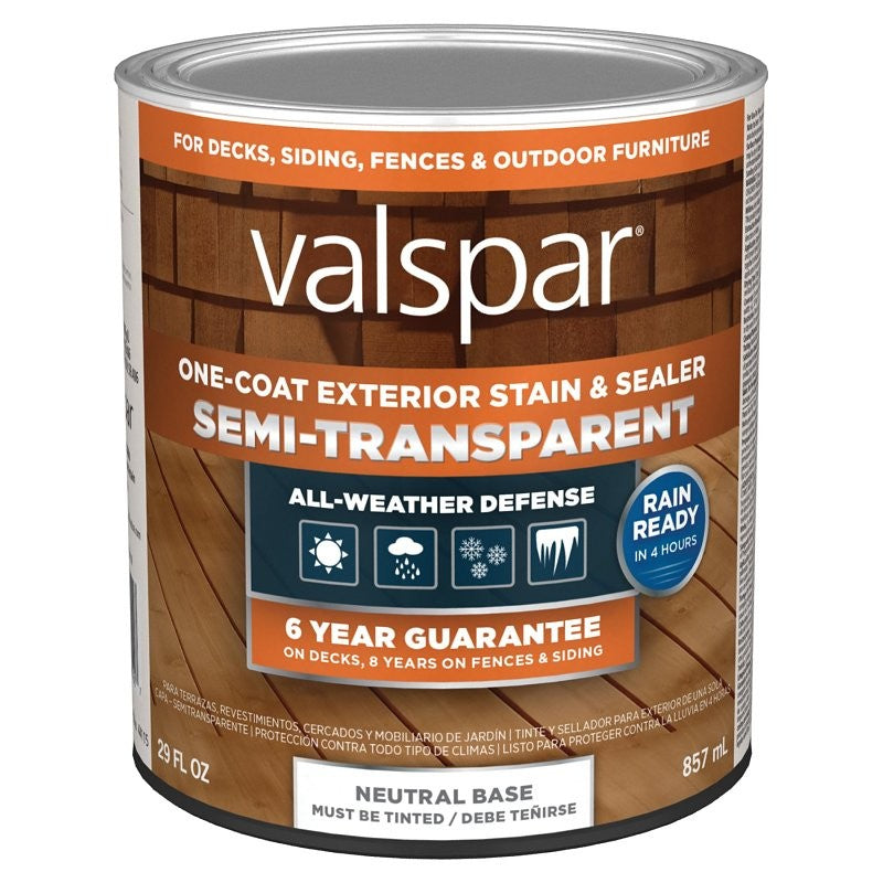 Valspar VL1028085-14 One-Coat Stain and Sealer, Semi-Transparent, Neutral Base, Liquid, 1 qt