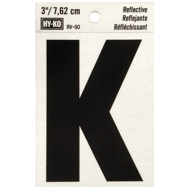 Hy-Ko RV-50/K Reflective Letter, Character: K, 3 in H Character, Black Character, Silver Background, Vinyl (Pack of 10)