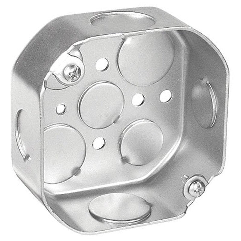 Southwire 54151-S-UPC Octagon Box, 4 in OAW, 1-1/2 in OAD, 9-Knockout, Steel Housing Material, Silver, Galvanized