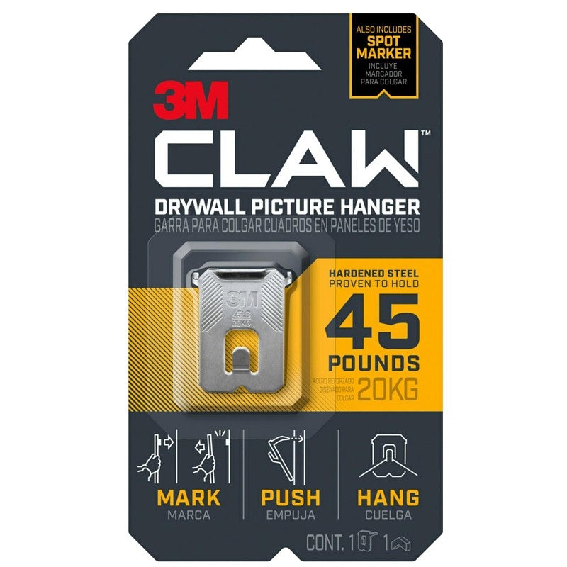 3M CLAW 3PH45M-1ES Drywall Picture Hanger, 45 lb, Steel, Push-In, 1/PK