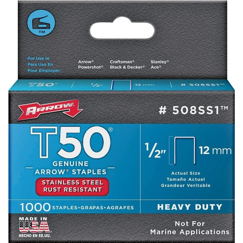 Arrow T50 Series 508SS1 Staple, 3/8 in W Crown, 1/2 in L Leg