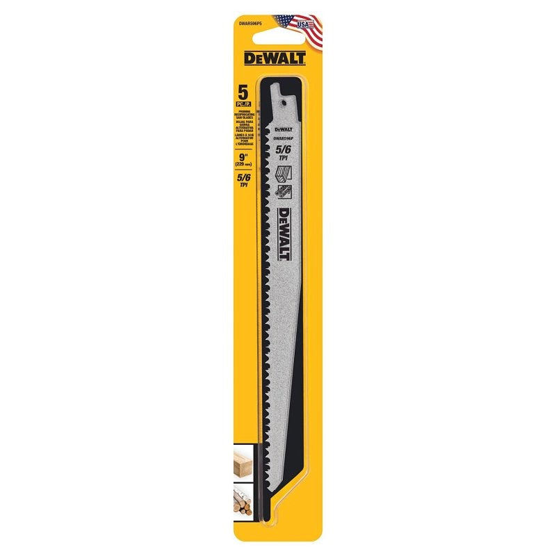 DEWALT DWAR596P5 Series Reciprocating Saw Blade, Applicable Materials: Wood, 3/4 in W, 9 in L, 6 TPI, 5/PK
