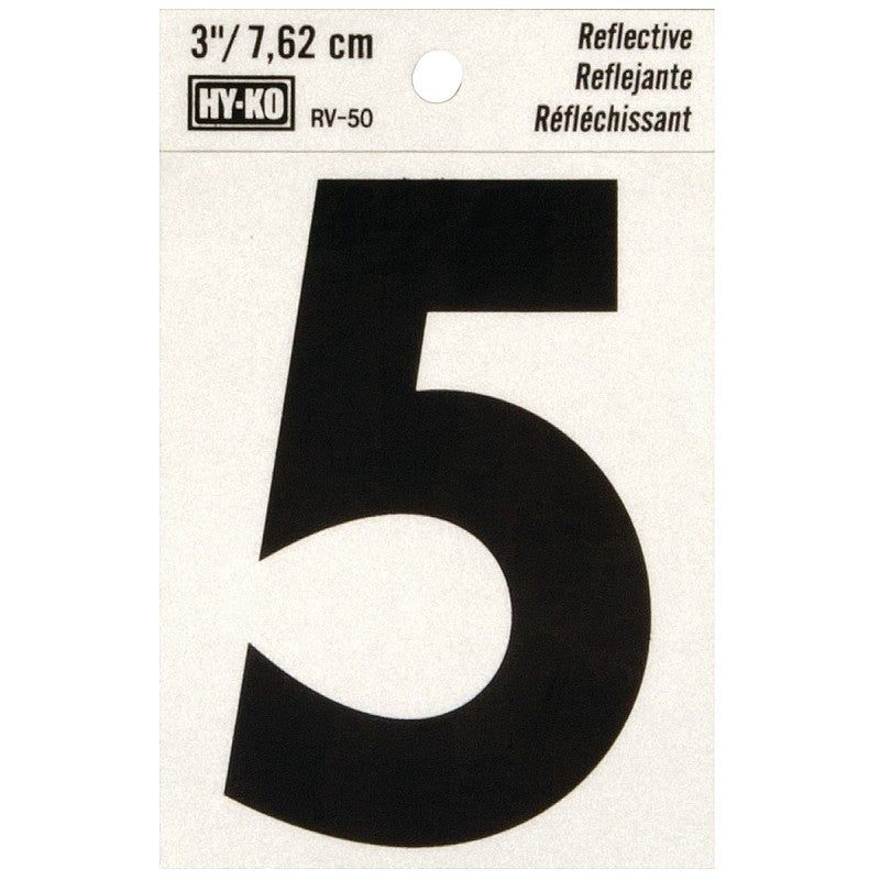 Hy-Ko RV-50/5 Reflective Sign, Character: 5, 3 in H Character, Black Character, Silver Background, Vinyl (Pack of 10)