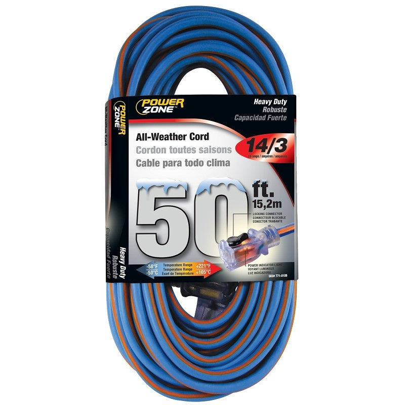 PowerZone ORC530730 Extension Cord, 14 AWG Cable, 5-15P Grounded Plug, 5-15R Grounded Receptacle, 25 ft L, 125 V