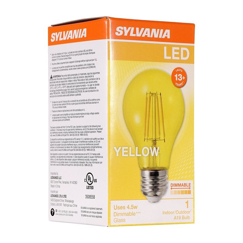 Sylvania 40302 Ultra LED Bulb, General Purpose, A19 Lamp, E26 Lamp Base, Dimmable, Yellow, Colored Light (Pack of 6)