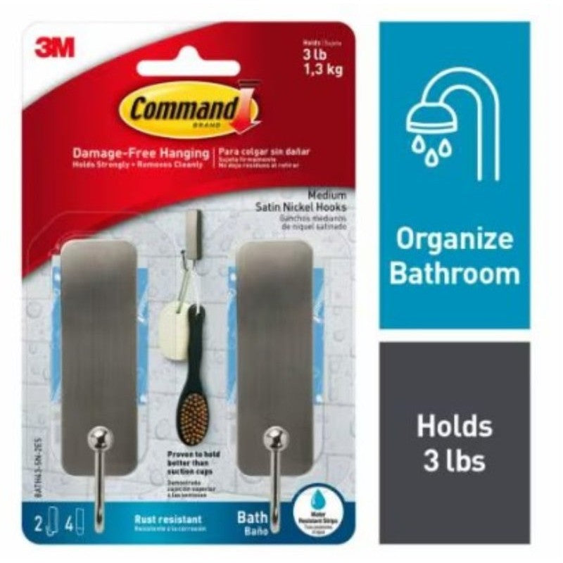 Command BATH43-SN-2ES Medium Bath Hook, 3 lb, 1-Hook, Metal, Satin Nickel