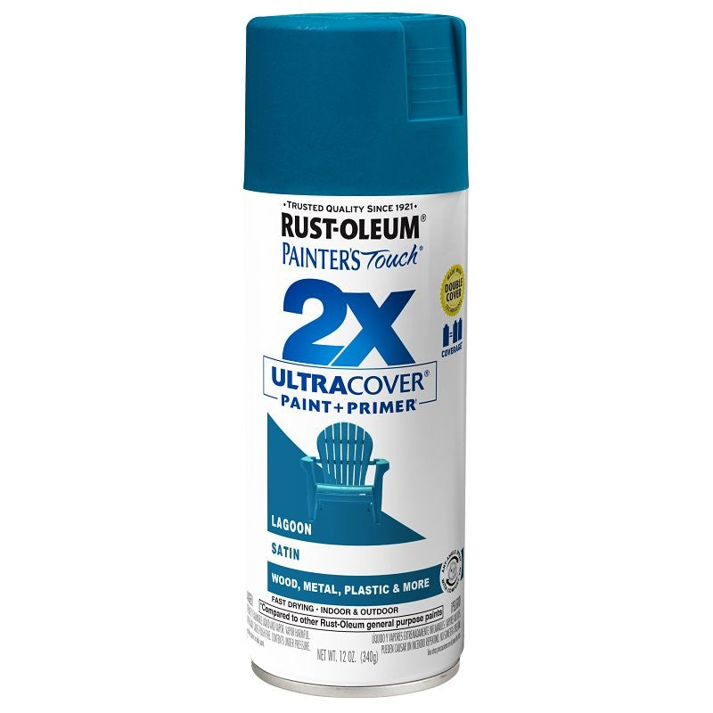 Rust-Oleum Painter's Touch 2X Ultra Cover 334074 Spray Paint, Satin, Lagoon, 12 oz, Aerosol Can