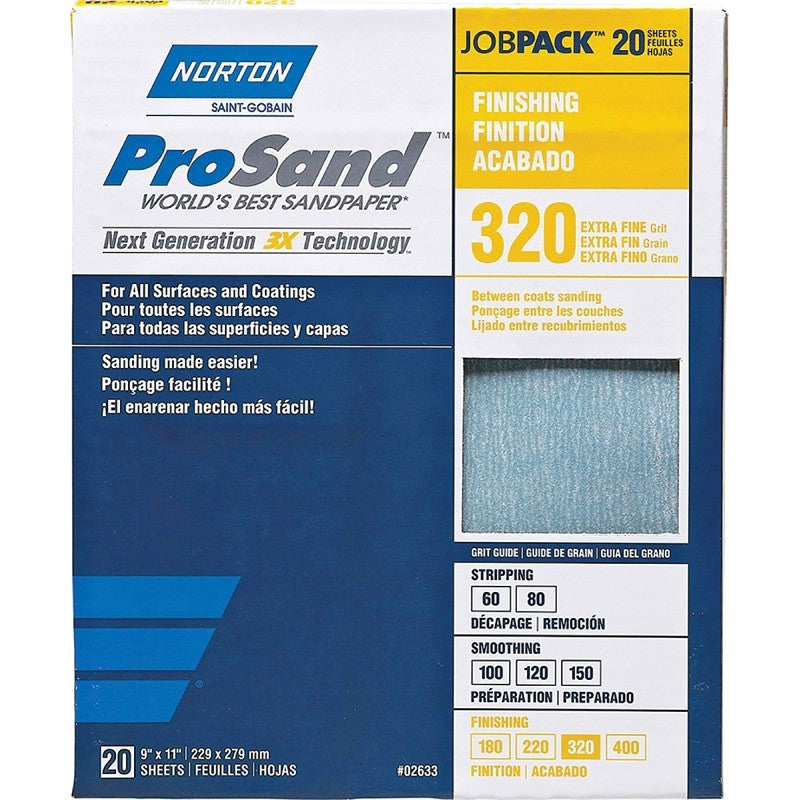 Norton ProSand 07660768166 Sanding Sheet, Tan, 11 in L, 9 in W, Extra Fine, 320 Grit, Aluminum Oxide Abrasive