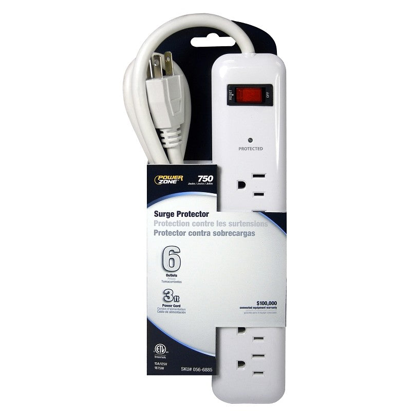 PowerZone OR802124 Surge Protector, 125 V, 15 A, 6-Outlet, 750 Joules Energy, White
