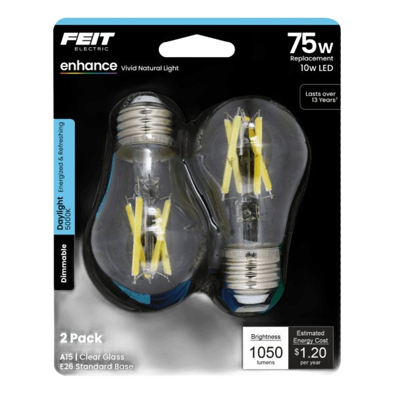 Feit Electric BPA1575950CAFIL/2/RP LED Bulb, A15 Lamp, 75 W Equivalent, E26 Lamp Base, Yes, Clear, Daylight