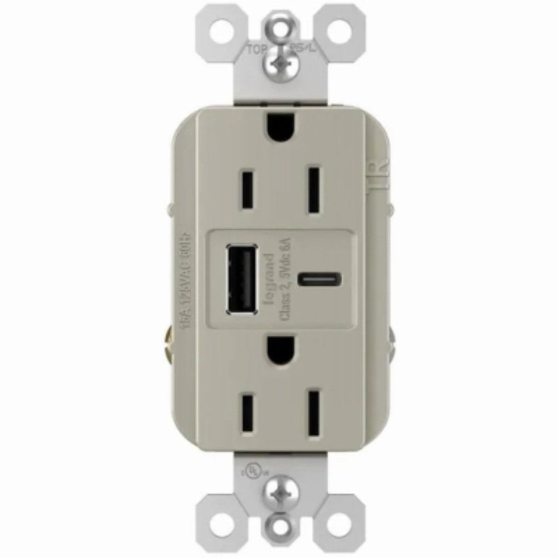 Legrand radiant R26USBAC6NICCV4 USB Outlet, 15 A, 125 V, Type A, C USB, NEMA: NEMA 5-15R, Nickel