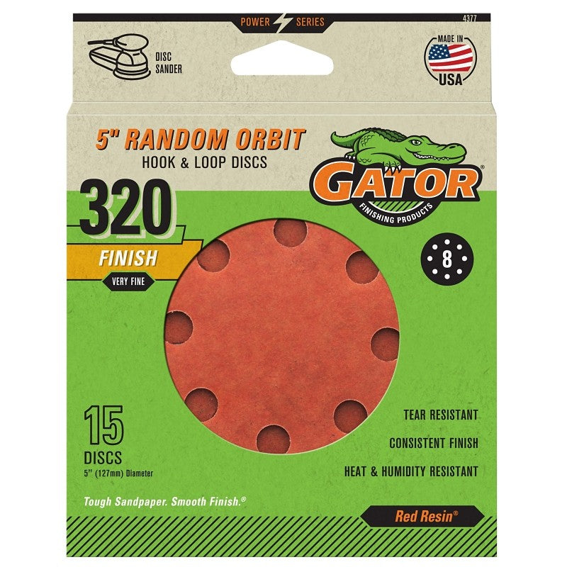 Gator 4377 Sanding Disc, 5 in Dia, 320 Grit, Very Fine, Aluminum Oxide Abrasive, Fiber Backing, 15/PK