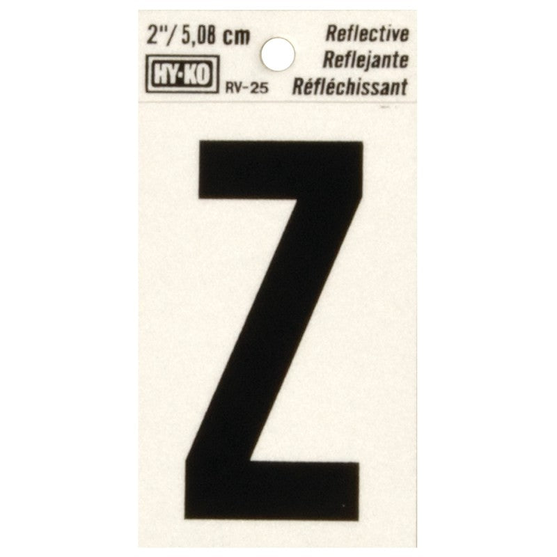 Hy-Ko RV-25/Z Reflective Letter, 1-1/2 in W x 3 in H Dimensions, Character: Z, 2 in H Character, Black Character, Vinyl (Pack of 10)