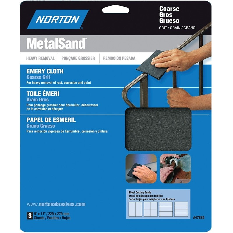 Norton MetalSand 07660747835 Sanding Sheet, 11 in L, 9 in W, Coarse, 80 Grit, Emery Abrasive, Cloth Backing
