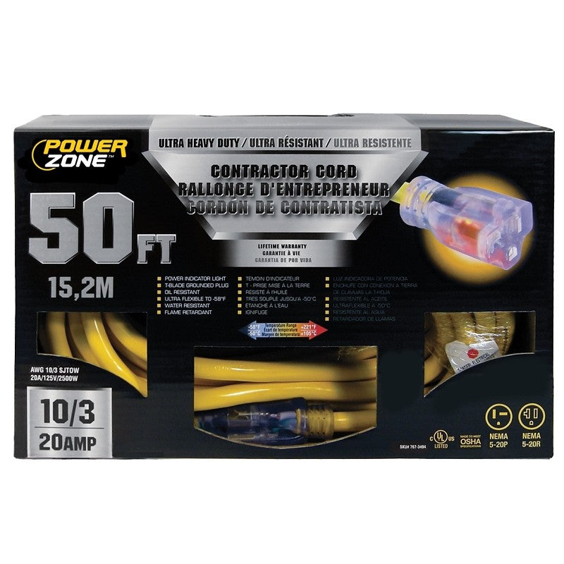 PowerZone ORP711930 Contractor Cord, 10 AWG Cable, 50 L, 20 A, 125 V, Yellow