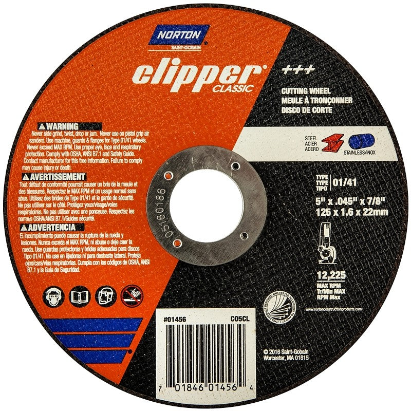 Norton Clipper Classic A AO Series 70184601456 Cut-Off Wheel, 5 in Dia, 0.045 in Thick, 7/8 in Arbor